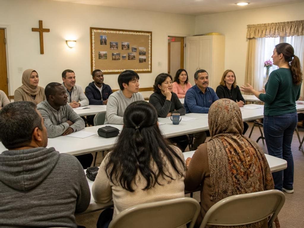 Large ESL class meeting in a church classroom